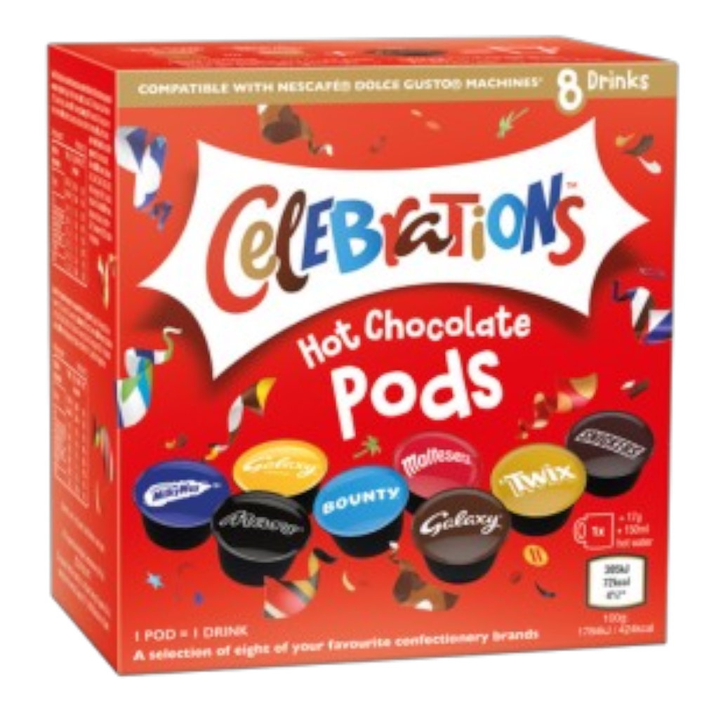 Celebrations Dolce Gusto Compatible Celebrations Hot Chocolate Pods - Twix, Mars, Bounty, Snickers, Galaxy, Malteser, Milky Way & Galaxy Caramel 8 capsules